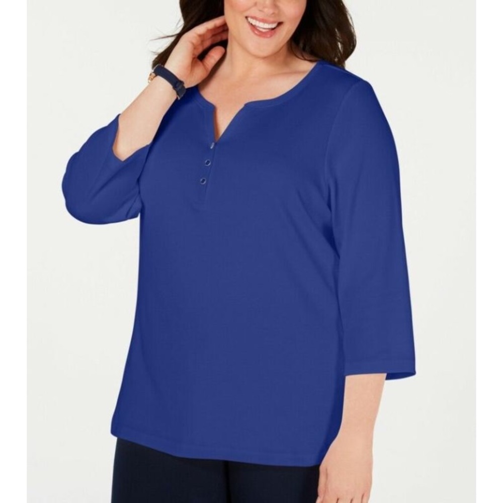 Karen Scott Plus Cotton Split Neck Henley Top Size 0X